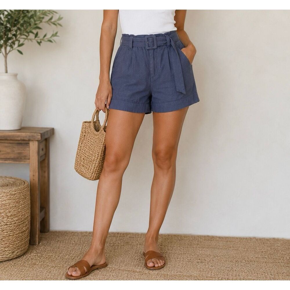 Abercrombie & Fitch Blue Linen Blend Belted Shorts Size M High Rise